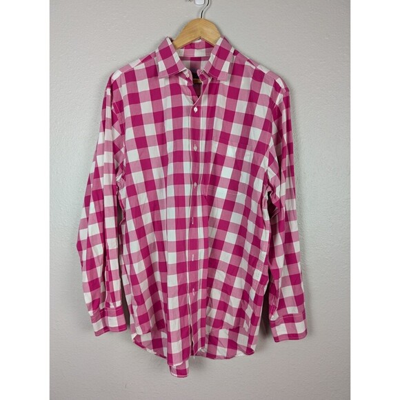 J. McLaughlin Gingham Check Button Down Dress Shirt Large Pink White Preppy 167 - Picture 1 of 5